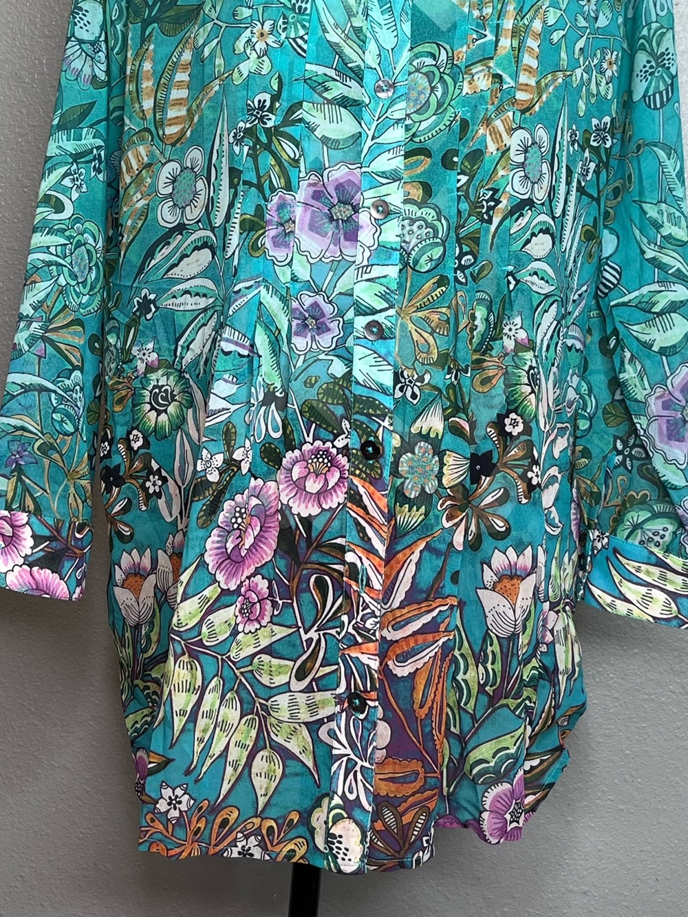 Soft Surroundings Luau Garden Floral Sheer Pintuck Button Front Blouse Sz L - Picture 4 of 14
